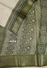 Ivory with Oilve Green - Light weight Vasundra printed silk with ajrakh pallu and blouse